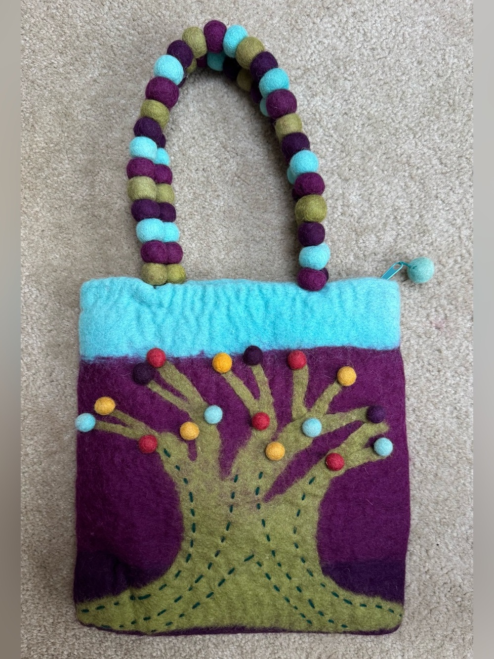 Rising Tide Felt Tree Tote in Aqua, Purple & Olive with Multicolor Accents